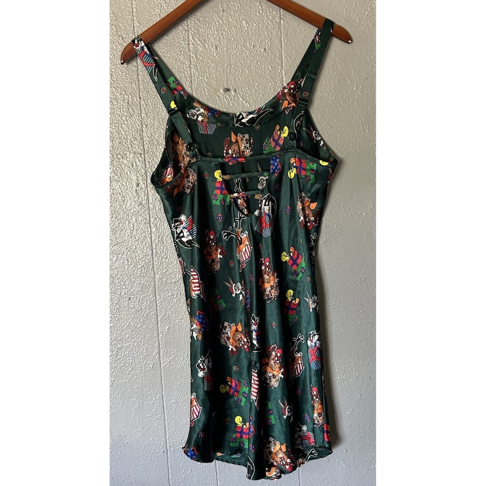 Vtg 90s Looney Tunes Lingerie Green Satin Nightgown Christmas Slip Size L - Picture 3 of 4